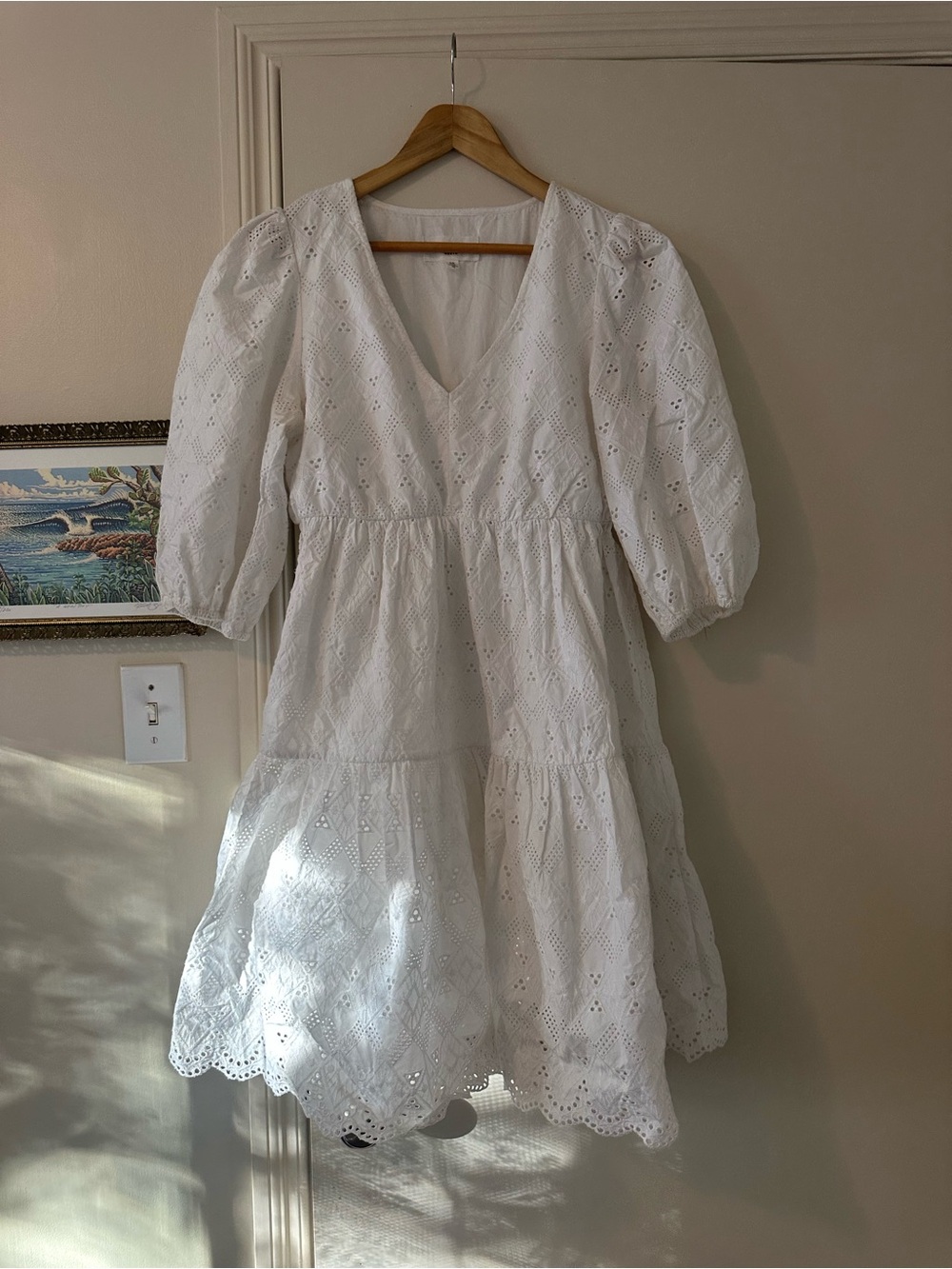 Women's White Eyelet V-Neck Tiered Dress
